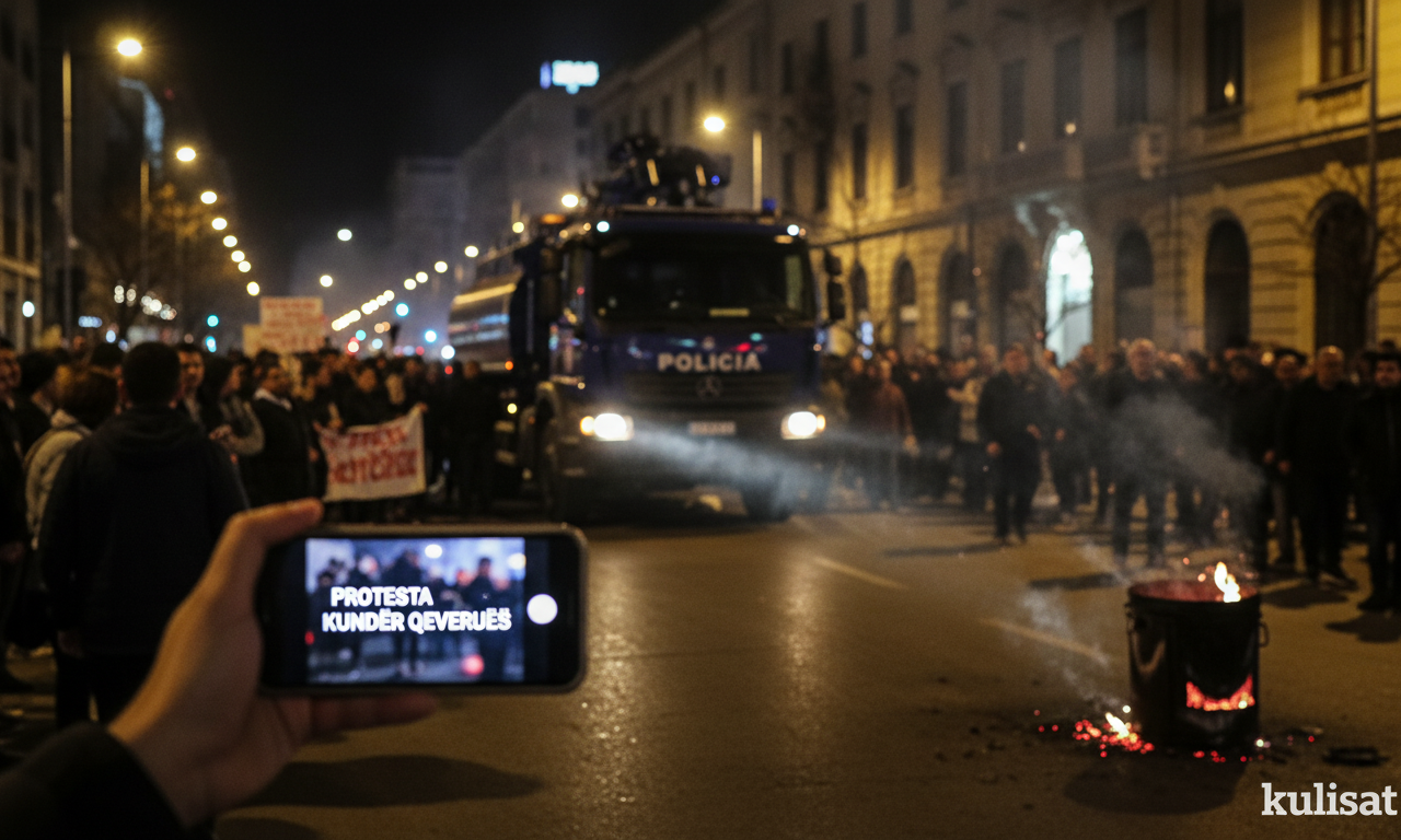 Protestues dhe policë gjatë një proteste në Tiranë